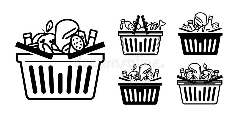 Livsmedelsbutiksymbol Shoppingvagn eller korg mycket med mat och drinkar också vektor för coreldrawillustration royaltyfri illustrationer Livsmedelsbutiksymbol Shoppingvagn eller korg mycket med mat och drinkar också vektor för coreldrawillustration royaltyfri illustrationer
