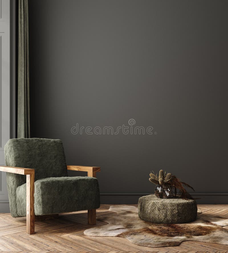 Home interior mock-up with armchair, pouf and bouquet in living room, 3d render. Home interior mock-up with armchair, pouf and bouquet in living room, 3d render