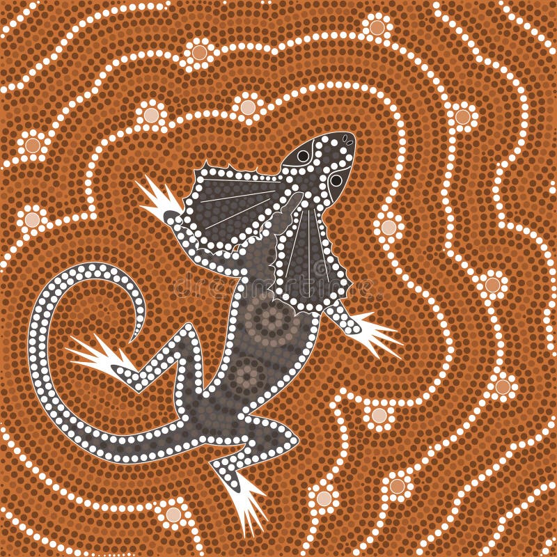 A illustration based on aboriginal style of dot painting depicting lizard. Australian aboriginal border illustrations