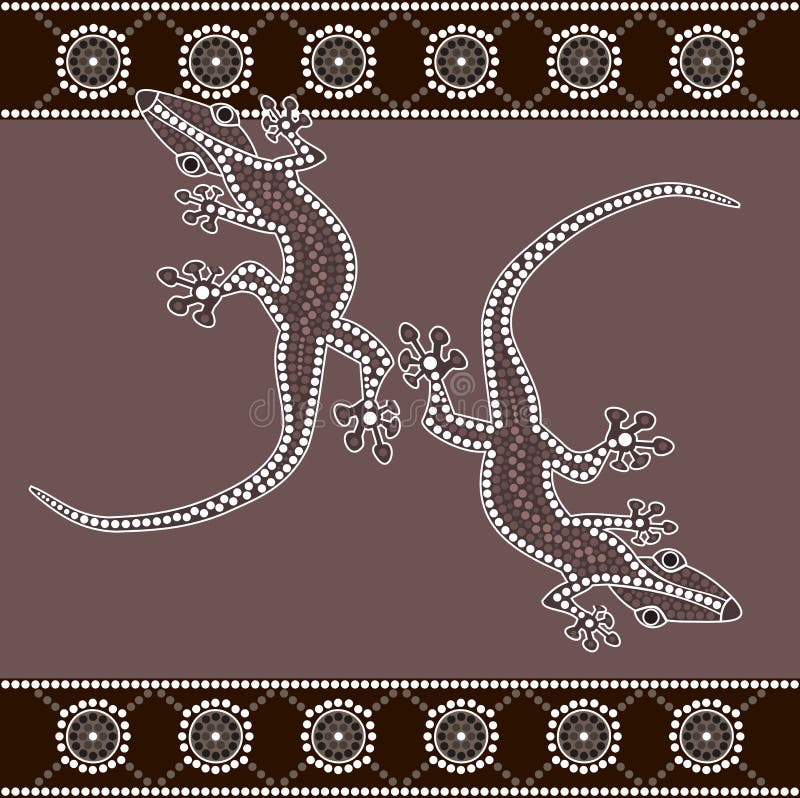 A illustration based on aboriginal style of dot painting depicting lizard. Australian aboriginal border vectors