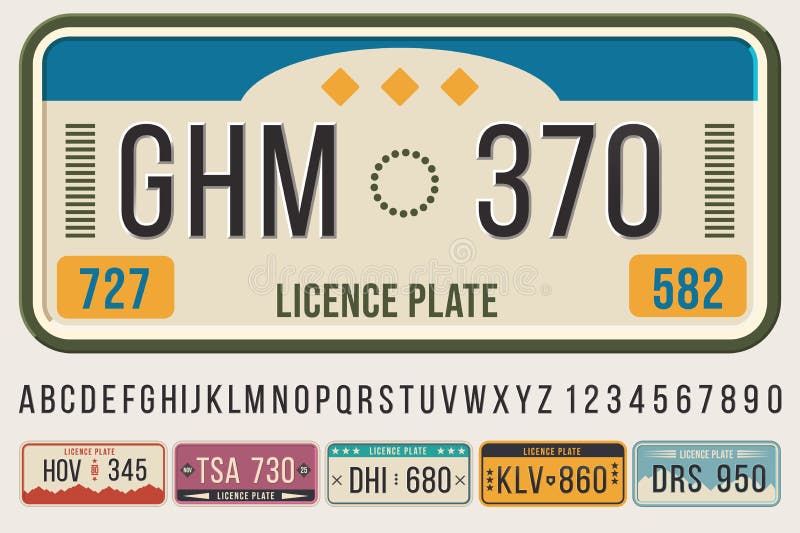 License car plates font. Embossed font letters and numbers, cars registration number frame template vector illustration set. Collection of vehicle ID or automobile identifiers, symbols and digits. License car plates font. Embossed font letters and numbers, cars registration number frame template vector illustration set. Collection of vehicle ID or automobile identifiers, symbols and digits.