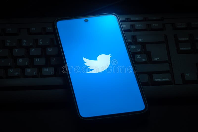 Twitter logo on smartphone screen laying on computer keyboard