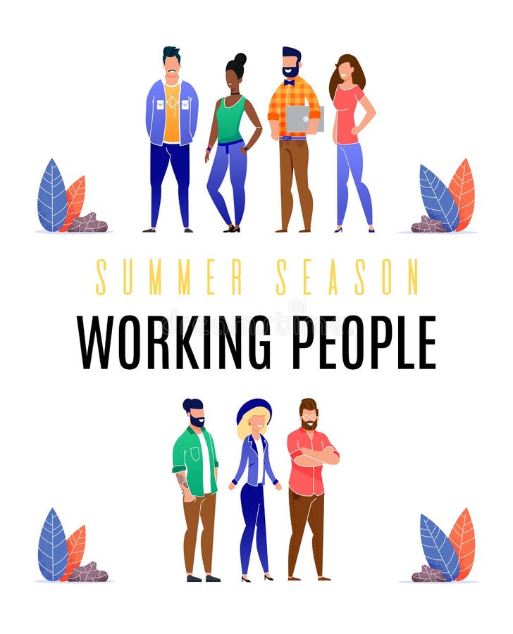 Ljus lägenhet för folk för arbete för reklambladsommarsäsong royaltyfri illustrationer Ljus lägenhet för folk för arbete för reklambladsommarsäsong royaltyfri illustrationer