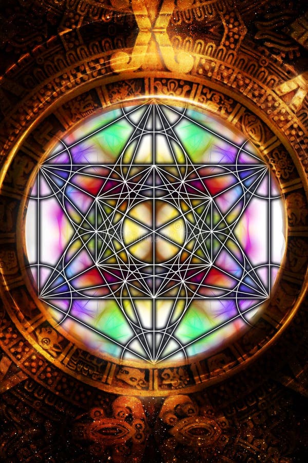 Ljus merkaba och forntida Mayan kalender på abstrakt bakgrund sakral geometri royaltyfri illustrationer Ljus merkaba och forntida Mayan kalender på abstrakt bakgrund sakral geometri royaltyfri illustrationer