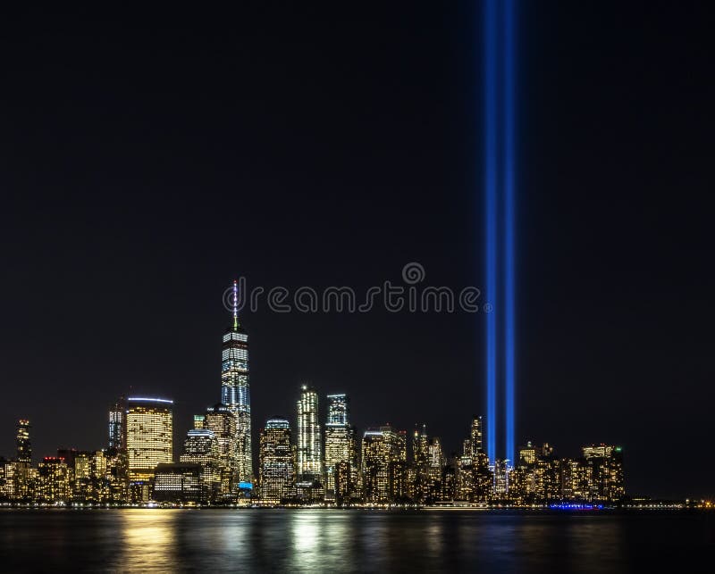 Tribute light memorial event on 11th of September in New York City, Manhattan at Ground Zero World Trade Center. Tribute light memorial event on 11th of September in New York City, Manhattan at Ground Zero World Trade Center