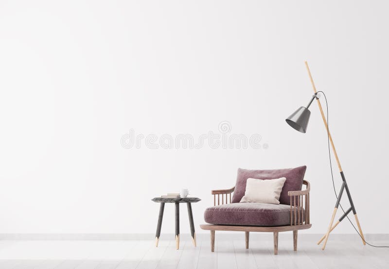Ljus modern golvlampa i vardagsrummet och bord av trä. skandinavisk vit inre bakgrund. vektor illustrationer
