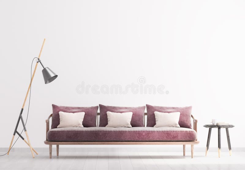 Ljus modern golvlampa i vardagsrummet och bord av trä. skandinavisk vit inre bakgrund. royaltyfri illustrationer