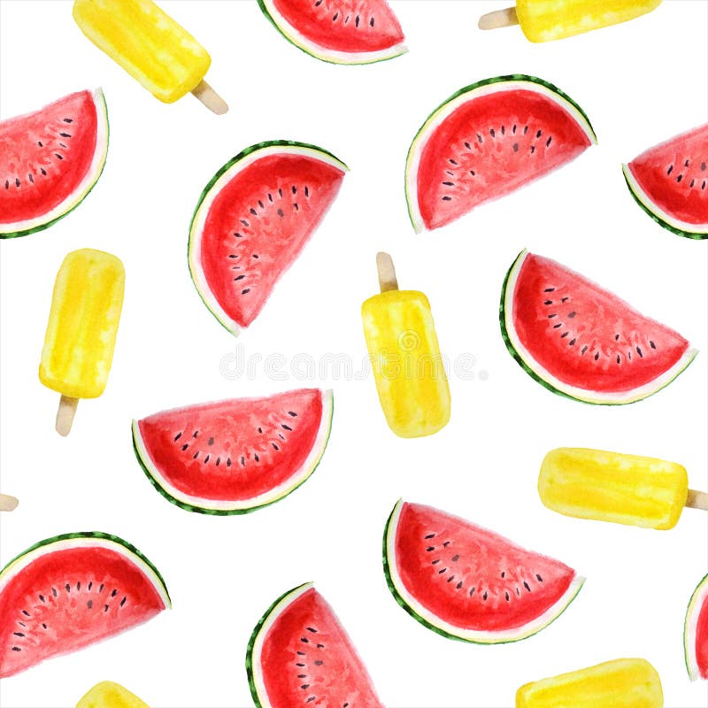 Ljus sommarvattenfärgmodell av hudar av vattenmelon och glass stock illustrationer Ljus sommarvattenfärgmodell av hudar av vattenmelon och glass stock illustrationer