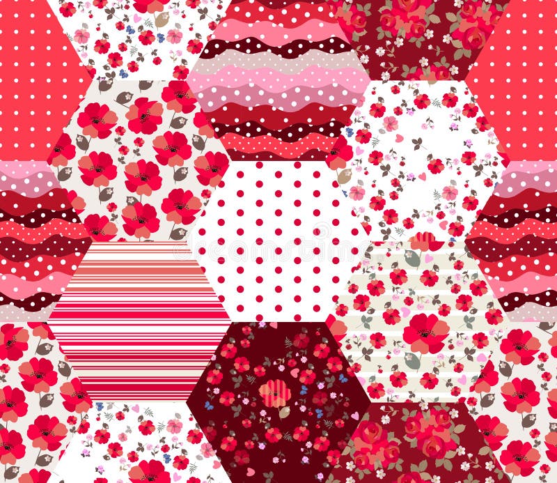 Ljus sömlös patchworkmodell i röda färger Lappar med den blom- och geometriska prydnaden Moderiktig täckedesign royaltyfri illustrationer Ljus sömlös patchworkmodell i röda färger Lappar med den blom- och geometriska prydnaden Moderiktig täckedesign royaltyfri illustrationer