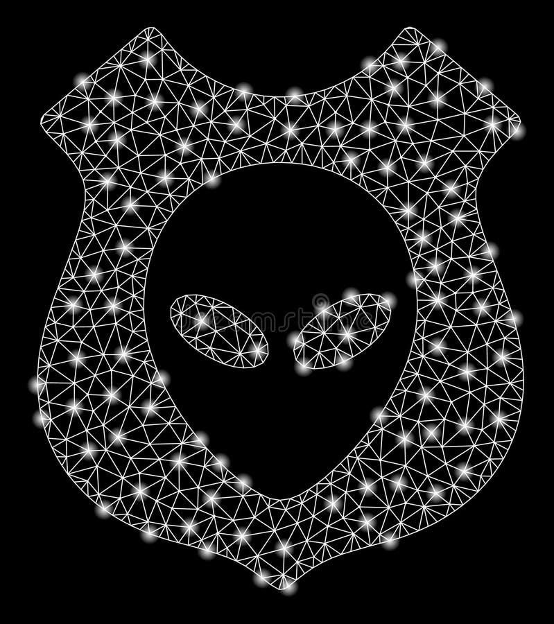 Ljusa Mesh Wire Frame Alien Shield med pråliga fläckar. Bright mesh alien shield with lightspot effect. Shiny wire frame triangular mesh in vector format on a black background. Abstract 2d mesh designed with triangular lines, spheric points
