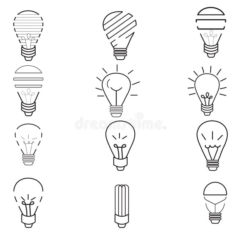 Ljusglödlampa, doodel-ikon eller kontur med svarta linjer av ljusa elektriska lampor royaltyfri illustrationer
