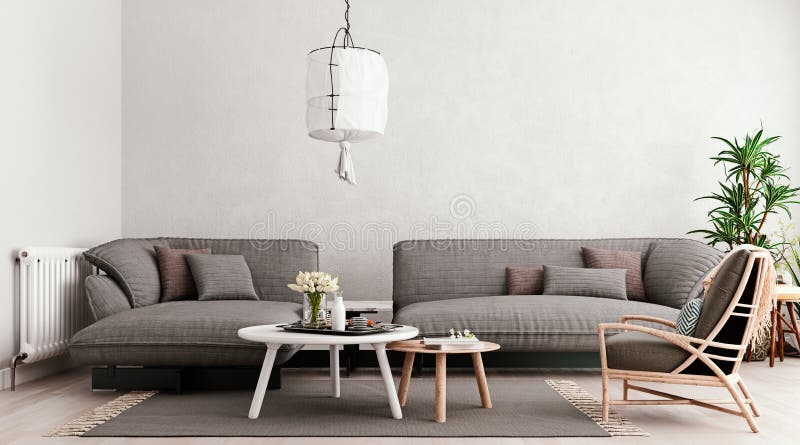 Ljusgrå uppvägg, stor grå modulär soffa med bordsställ och stol, vardagsrum, skandinaviskt format stock illustrationer