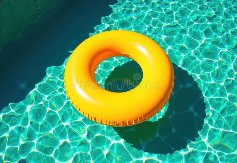 Ljusgult uppblåsbart poolfloat som vilar i klart blått vatten. En pulserande gul uppblåsbar poolfloat vilar försiktigt på ytan av en mousserande blå simbassäng. Solljuset reflekterar av vattnet och skapar en uppfriskande sommaratmosfär. Perfekt för sommarkul-poolfester och AI-genererade semesterbilder