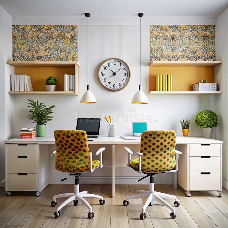 Ljusmodern arbetsyta med två stolar och ett skrivbord stock illustrationer