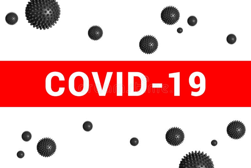 Bright red headline with inscription COVID-19 on white with abstract virus strain model. Coronavirus confirmed as pandemic by World Health Organization. Bright red headline with inscription COVID-19 on white with abstract virus strain model. Coronavirus confirmed as pandemic by World Health Organization