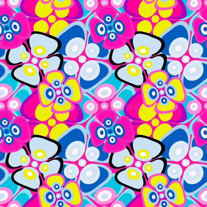 Ljust färgat abstrakt begrepp blommar på för modellvektor för svart bakgrund en sömlös illustration stock illustrationer Ljust färgat abstrakt begrepp blommar på för modellvektor för svart bakgrund en sömlös illustration stock illustrationer