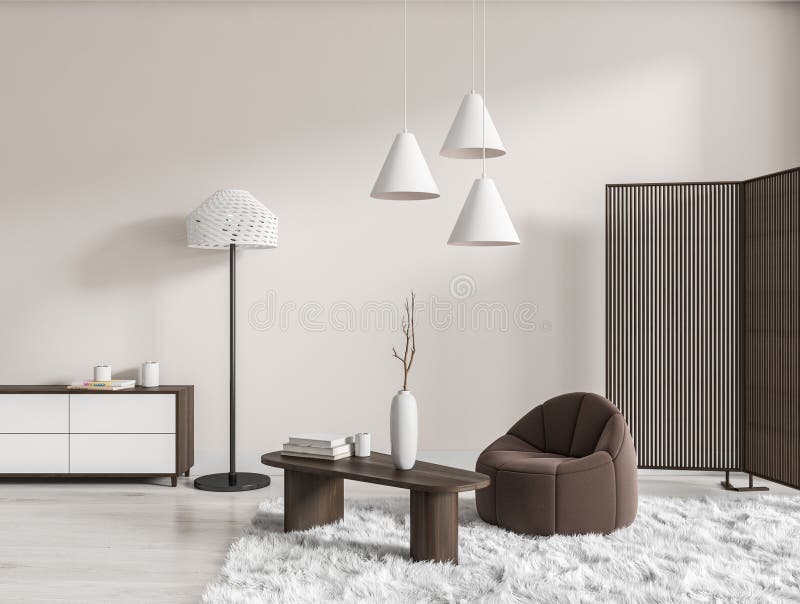 Front view on bright living room interior with armchair, coffee table with crockery and books, white wall, carpet, lamp, partition, wooden floor, closet. Concept of minimalist design. 3d rendering. Front view on bright living room interior with armchair, coffee table with crockery and books, white wall, carpet, lamp, partition, wooden floor, closet. Concept of minimalist design. 3d rendering