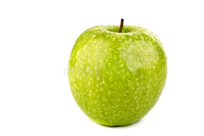 Ljust moget grönt äpple i vattendroppar royaltyfri foto Ljust moget grönt äpple i vattendroppar royaltyfri foto