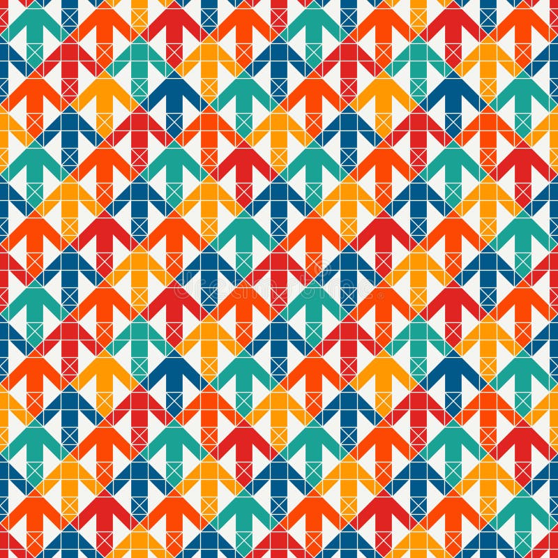 Ljust tryck med att gripa in i varandra pilar Modern bakgrund med pekare Färgrika geometriska seamless mönstrar stock illustrationer Ljust tryck med att gripa in i varandra pilar Modern bakgrund med pekare Färgrika geometriska seamless mönstrar stock illustrationer