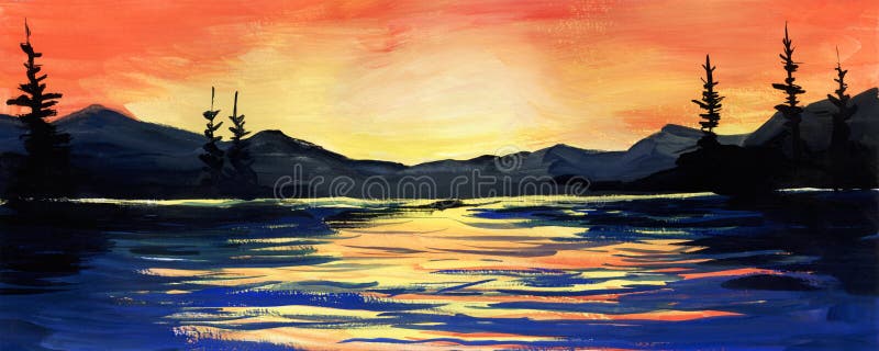 Ljust vattenfärgat landskap med färgstark solnedgång vid bergssjön. Oljeljuset i orange himmel på vattenytorna silhuetter royaltyfri illustrationer