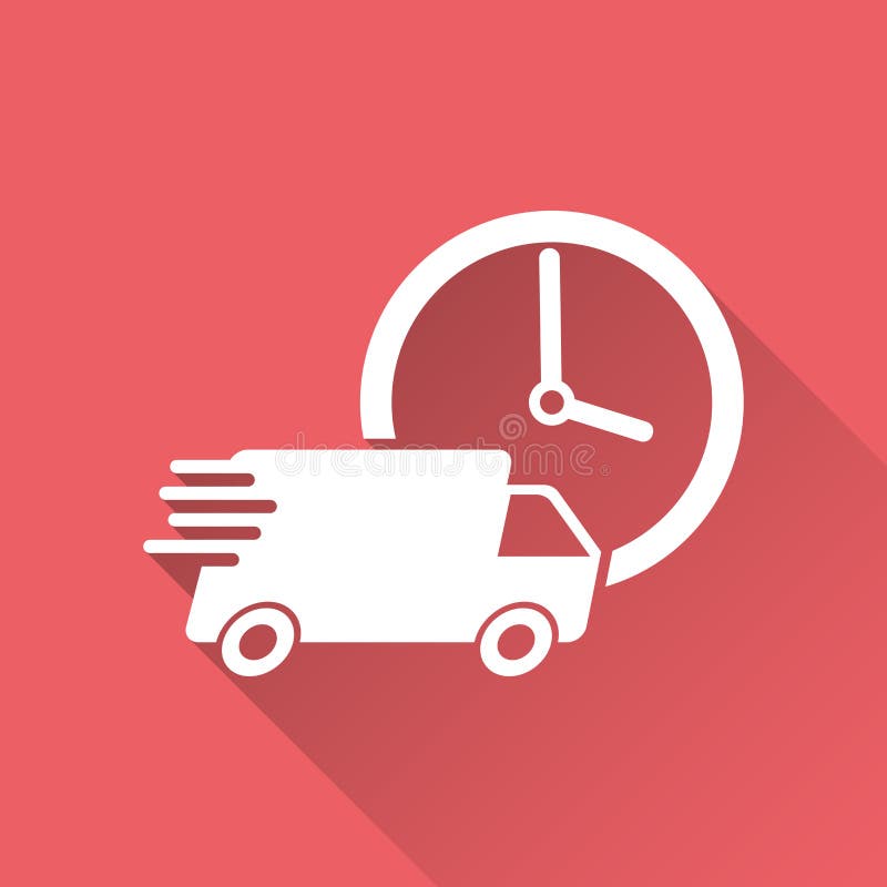LKW der Lieferung 24h mit Uhrvektorillustration 24 Stunden fasten Zustelldienst-Versandikone lizenzfreie abbildung