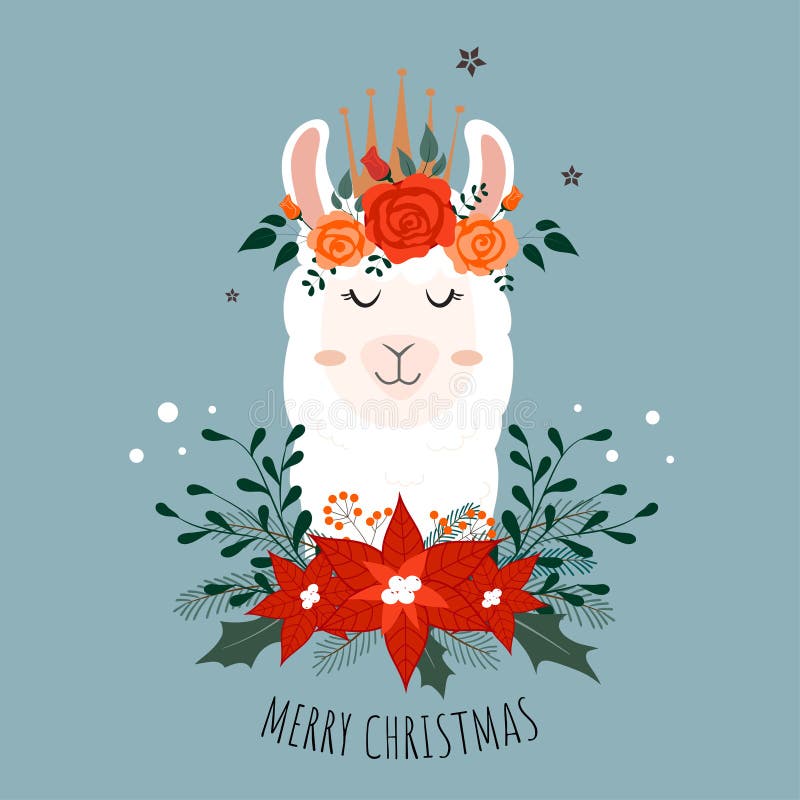 Llama linda de la Navidad con la corona de la flor ilustración del vector Llama linda de la Navidad con la corona de la flor ilustración del vector