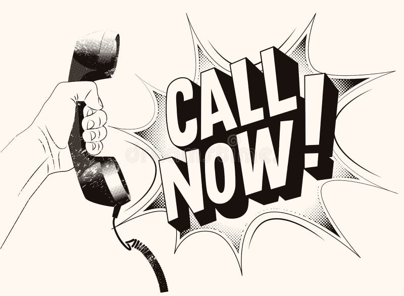 ¡Llamada ahora! Cartel retro tipográfico del grunge La mano sostiene un receptor de teléfono Ilustración del vector