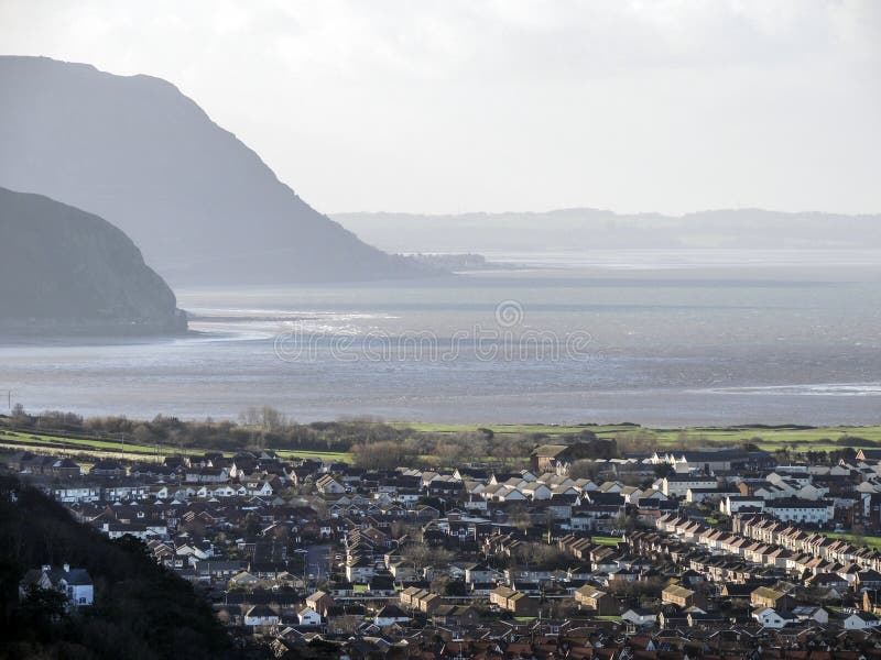 Llandudno town panorama with the Irish Sea and hill in the distance royalty free stock photo Llandudno town panorama with the Irish Sea and hill in the distance royalty free stock photo