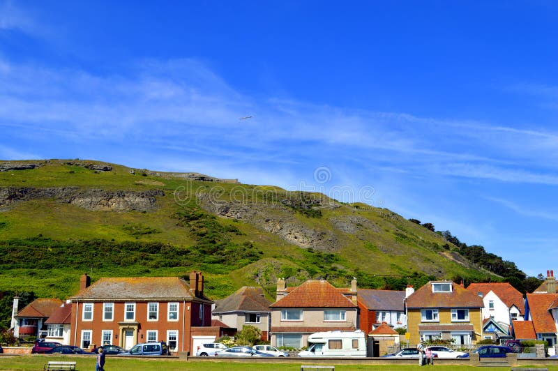 Llandudno West Shore with a View of Great Orme Behind the Houses Stock