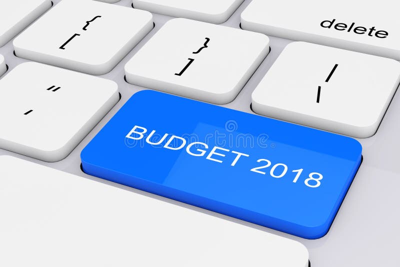 Llave azul del presupuesto 2018 en el teclado blanco de la PC representación 3d stock de ilustración Llave azul del presupuesto 2018 en el teclado blanco de la PC representación 3d stock de ilustración