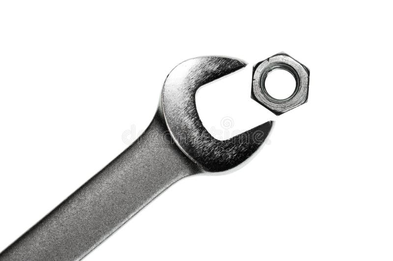 Open-end wrench with hex nut on white background. Open-end wrench with hex nut on white background