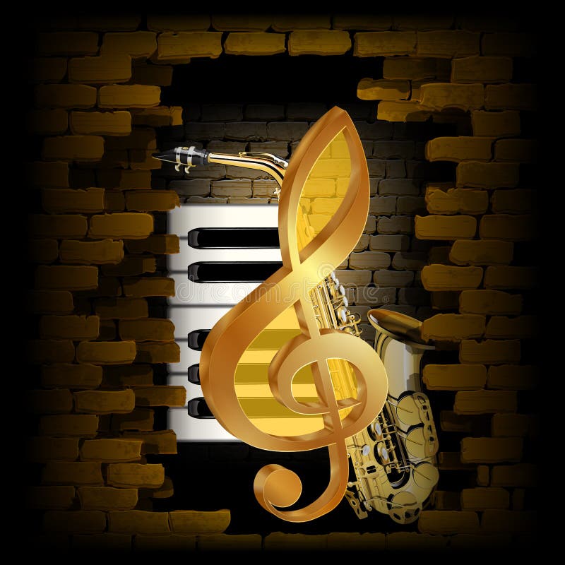 Llave de oro del piano del saxofón de la clave de sol en una pared de ladrillo stock de ilustración Llave de oro del piano del saxofón de la clave de sol en una pared de ladrillo stock de ilustración