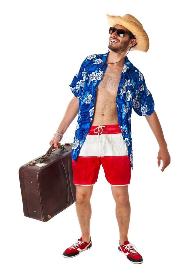 Un hombre joven y atractivo con un atuendo colorido, listo para viajar como un turista estereotipado.