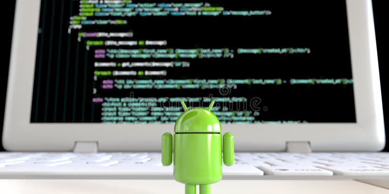 Green robot Lloyd from Android OS logo standing alone and facing black computer screen with green lines of code.