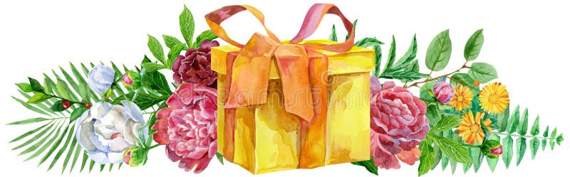 Llustration de la acuarela con la caja y las peonías amarillas de regalo Para el diseño, la impresión o el fondo libre illustration Llustration de la acuarela con la caja y las peonías amarillas de regalo Para el diseño, la impresión o el fondo libre illustration