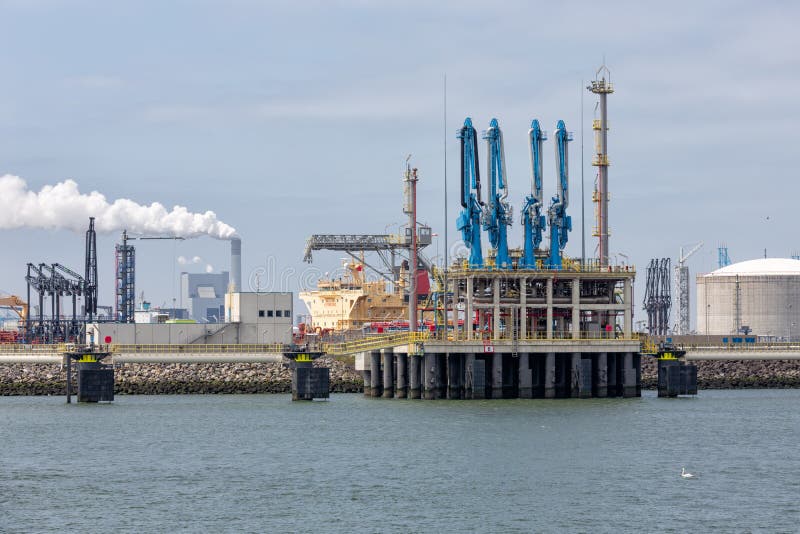 LNG transshipment terminal in harbor Rotterdam, biggest seaport of Europe