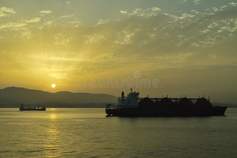 LNG carrier ship designed for transporting natural gas anchored. LNG carrier ship designed for transporting natural gas anchored