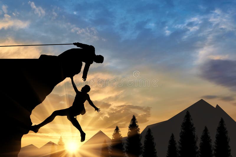 Lo scalatore aiuta l'amico che dà la mano amica nel tramonto delle montagne royalty illustrazione gratis Lo scalatore aiuta l'amico che dà la mano amica nel tramonto delle montagne royalty illustrazione gratis