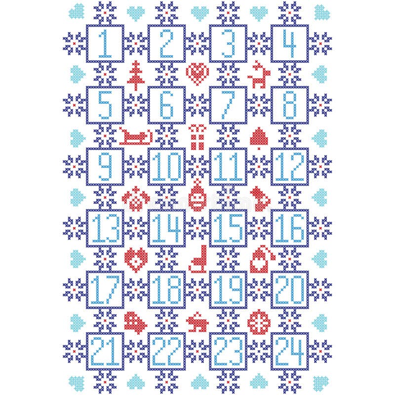 Lo scandinavo blu-chiaro e rosso di buio, ha ispirato dal calendario nordico con gli elementi decorativi quali i fiocchi di neve, illustrazione di stock Lo scandinavo blu-chiaro e rosso di buio, ha ispirato dal calendario nordico con gli elementi decorativi quali i fiocchi di neve, illustrazione di stock