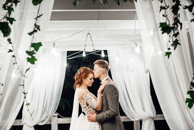 Lo sposo bacia la guancia del ` s della sposa tenera abbracciandola nel giardino fotografie stock Lo sposo bacia la guancia del ` s della sposa tenera abbracciandola nel giardino fotografie stock