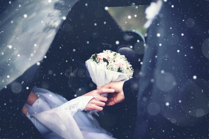 Lo sposo delle coppie di nozze dell'inverno incontra la sposa dall'automobile con la a fotografie stock libere da diritti Lo sposo delle coppie di nozze dell'inverno incontra la sposa dall'automobile con la a fotografie stock libere da diritti