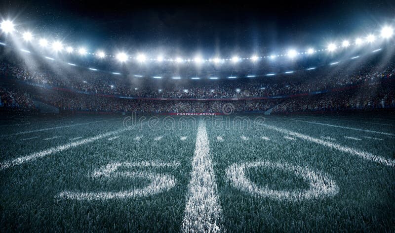 Lo stadio di football americano 3D nei raggi luminosi rende illustrazione vettoriale Lo stadio di football americano 3D nei raggi luminosi rende illustrazione vettoriale