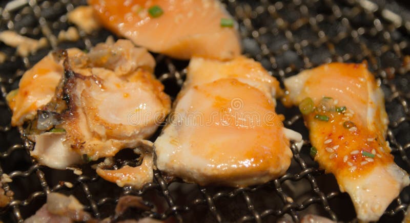Lo stile coreano ha grigliato il pesce e la carne sul primo piano della stufa calda fotografia stock Lo stile coreano ha grigliato il pesce e la carne sul primo piano della stufa calda fotografia stock