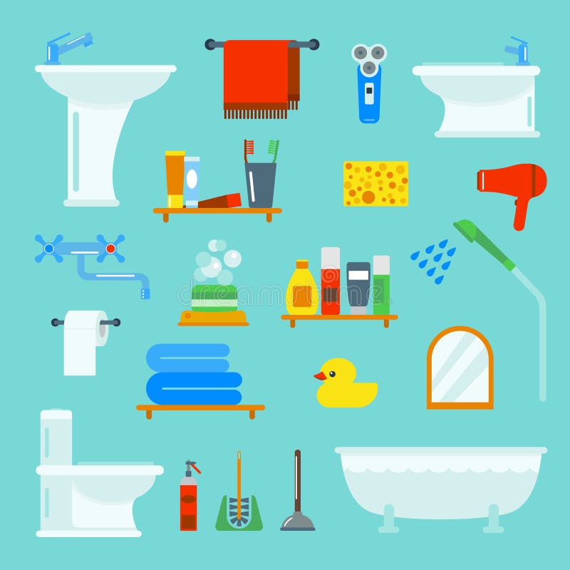 Lo stile piano della toilette e del bagno vector le icone isolate su fondo royalty illustrazione gratis Lo stile piano della toilette e del bagno vector le icone isolate su fondo royalty illustrazione gratis