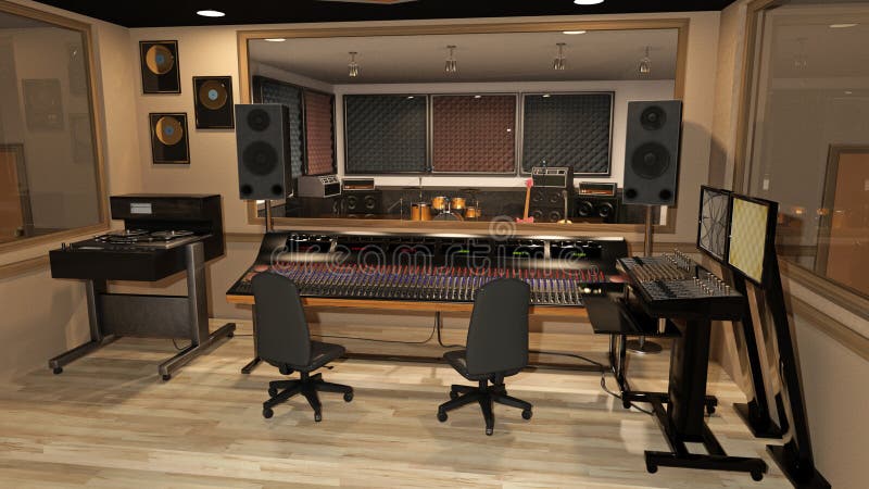 Lo studio di registrazione di musica con il tecnico del suono, gli strumenti, gli altoparlanti e le audio attrezzature, 3D rende