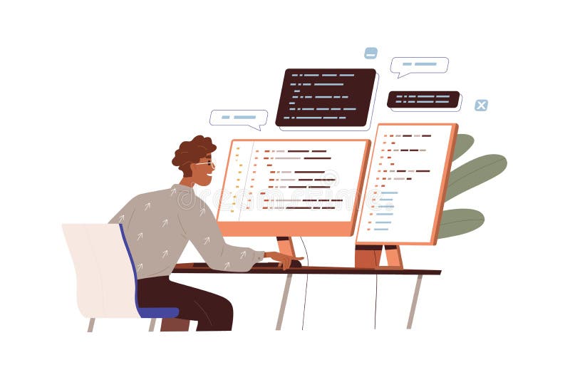 Lo sviluppatore software utilizza il codice del programma. programmatore e monitor con script astratto di linguaggio del computer. illustrazione di stock