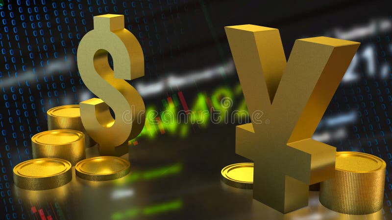 Lo yuan d'oro e il simbolo del dollaro per il concetto di business 3d. Yuan d'oro e simbolo di dollaro per il concetto di business 3d rendering