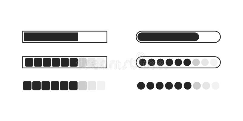 Loading bar indicator in black. Progress bar in square and round shape. Isolated simple loader. Downloading status. Set of