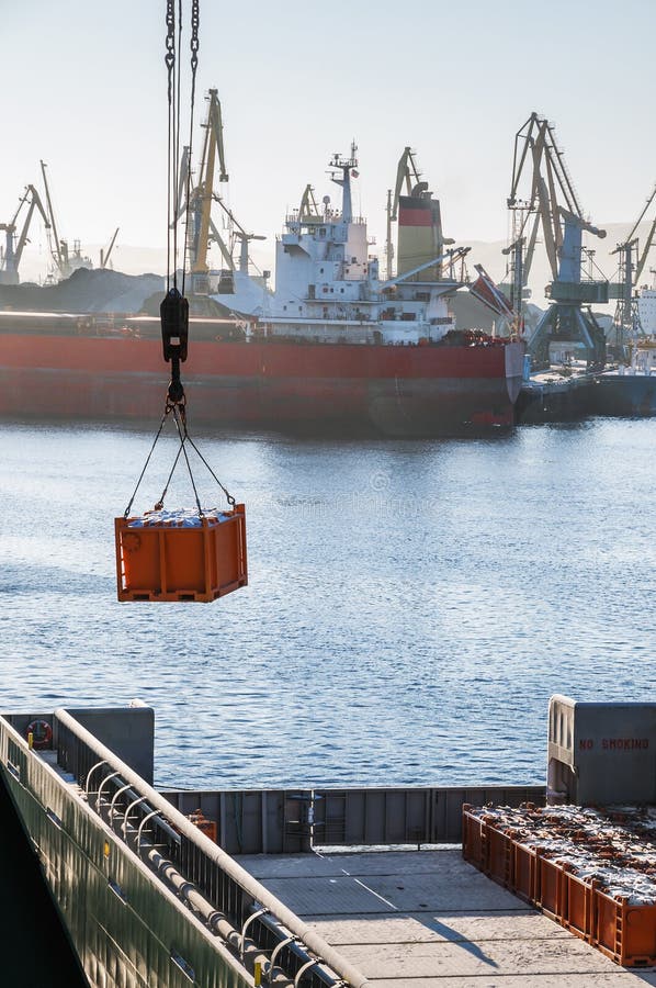 Loading Cargo Onto the Deck of a Supply Vessel for Servicing Drilling Rigs Stock Image Image