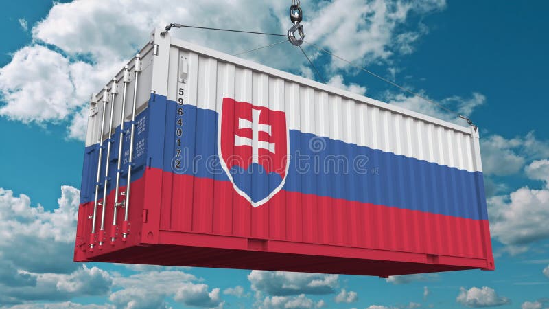 Nákladný kontajner s vlajkou Slovenska. Slovenské koncepčné 3D vykresľovanie súvisiace s dovozom alebo vývozom